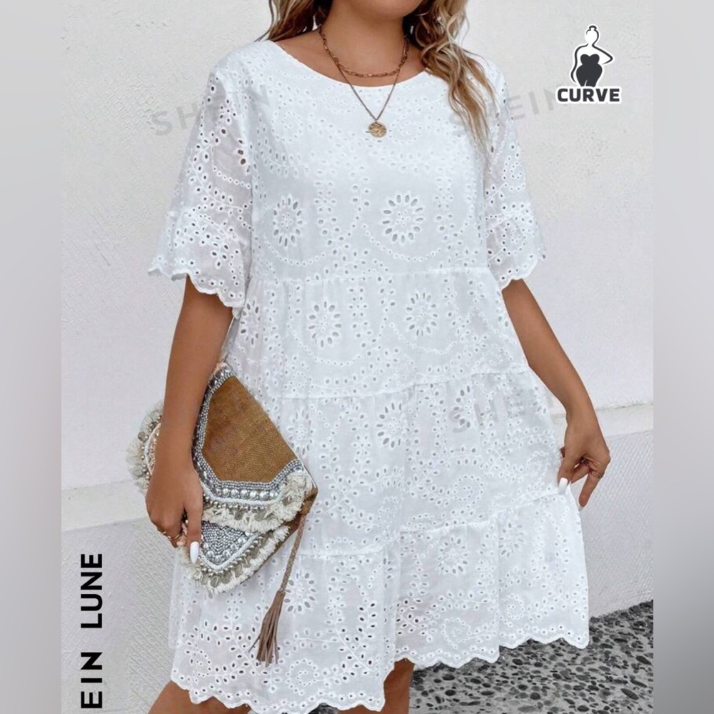 SHEIN LUNE Plus Eyelet Embroidery Ruffle Hem Smock Dress - Picture 3 of 10